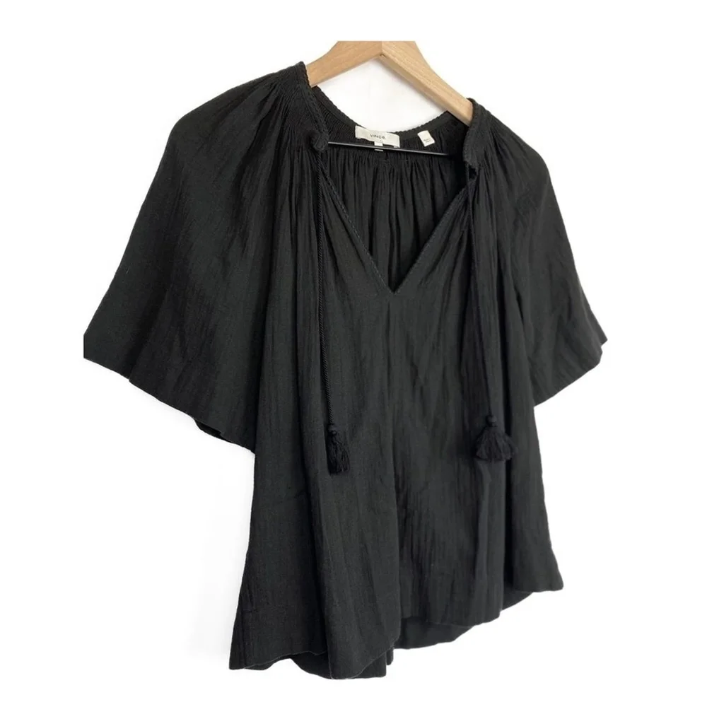 Vince Black Short Sleeve Poet Blouse with Tassle Ties - Picture 4 of 8